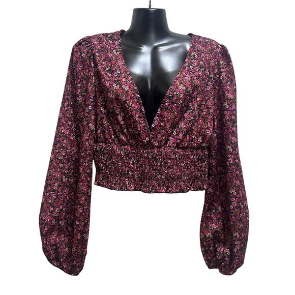 SHEIN Tops - Shein Ditsy Floral Bohemian Indie Crop Blouse M/L Balloon Sleeves Deep V Ruched